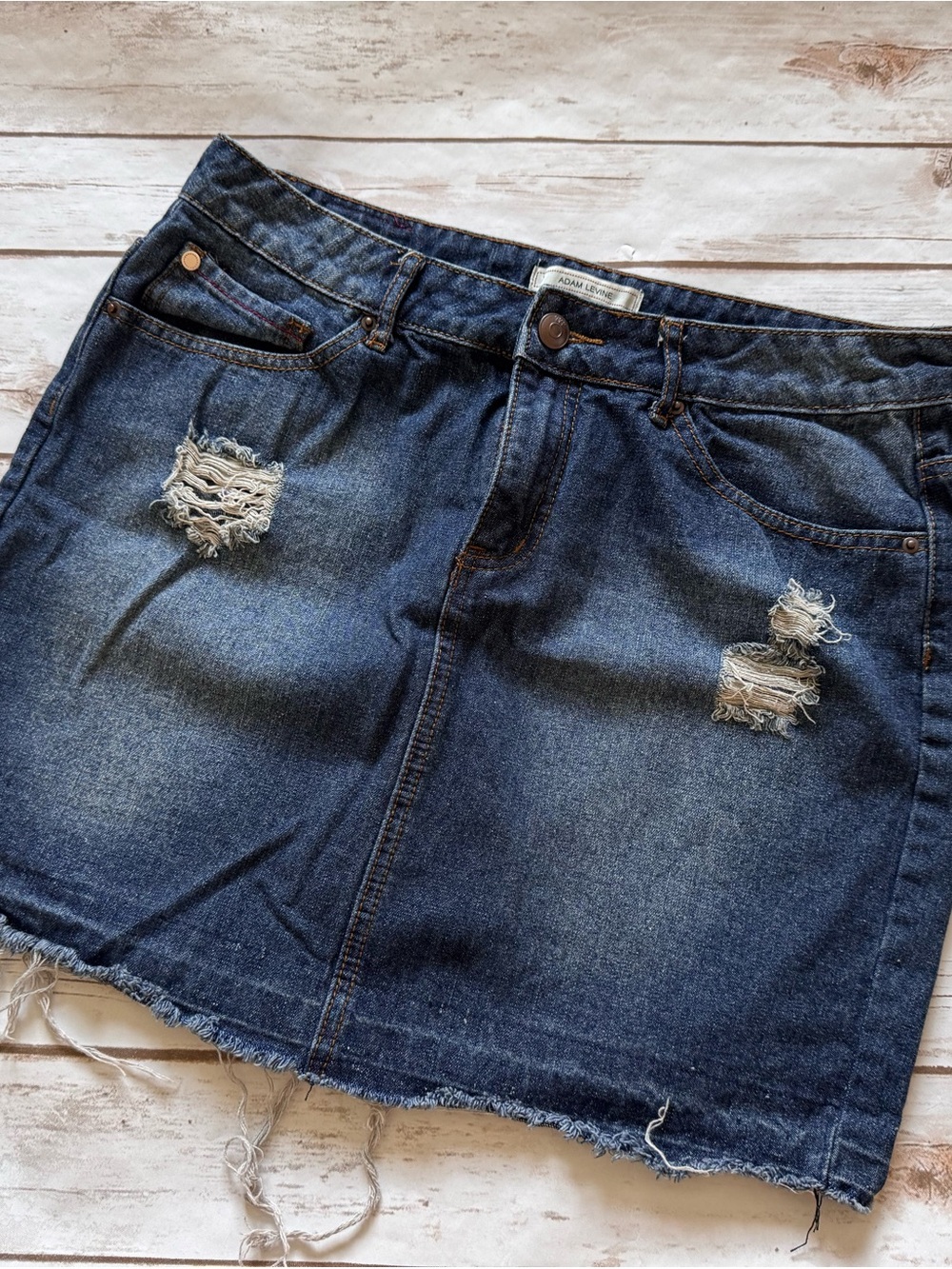Adam Levine Collection Dark Blue Distressed Denim Mini Skirt